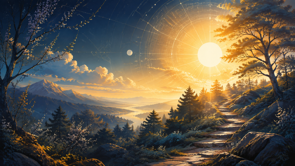 丙寅を象徴する広い景色を照らす太陽と季節の風景