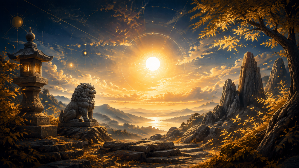 丙戌を象徴する広い景色を照らす太陽と季節の風景