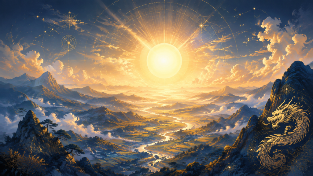 丙辰を象徴する広い景色を照らす太陽と季節の風景